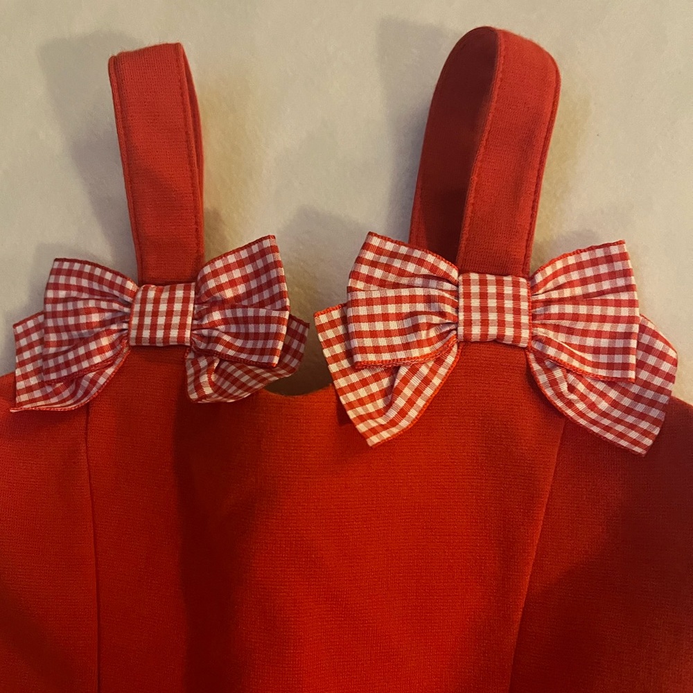 Janie and Jack Red Kids Overalls with Bow Accents 6-12M - Picture 5 of 6